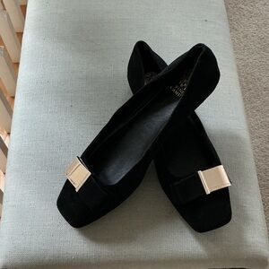 Vince Camuto Black Flats with Gold Buckle. NEW.